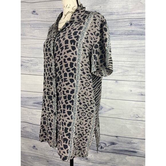 Style Exchange Silk Button Front Shirt Womens M Leopard Print Collared Short Slv - Picture 4 of 11